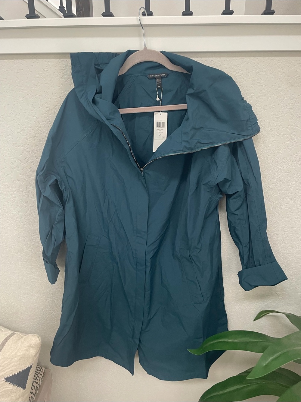 Eileen Fisher Blue Spruce Light Organic Cotton High Collar Jacket Sz L NWT $318